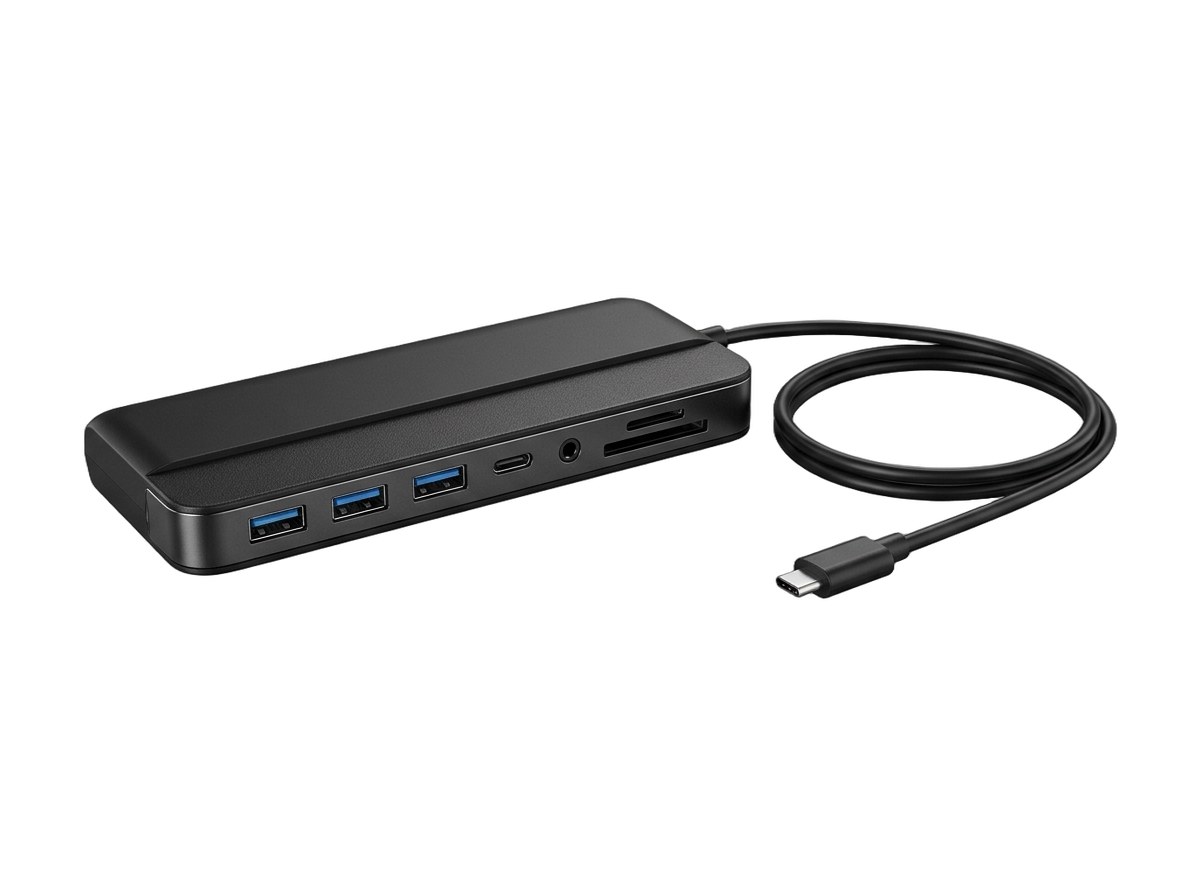 Schwarze USB-C-Dockingstation mit sichtbaren Anschlüssen