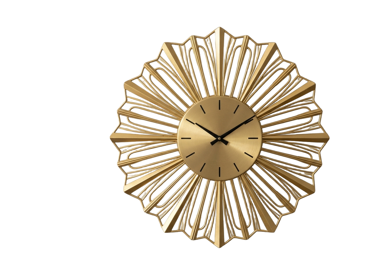 Goldfarbene analoge Wanduhr mit geschwungener Fächerstruktur