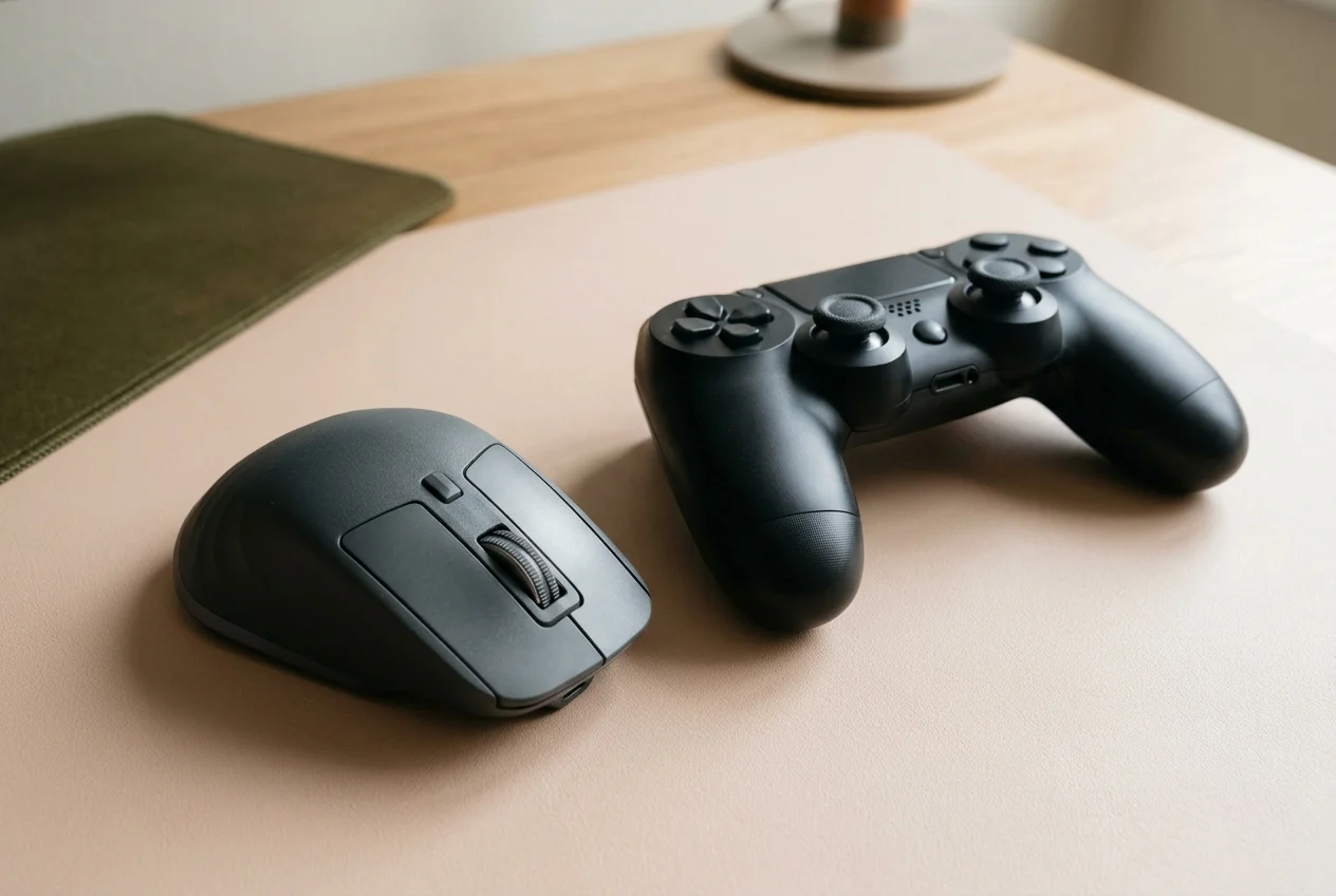Dunkle Computermaus und schwarzer Controller auf einer hellen Schreibtischfläche